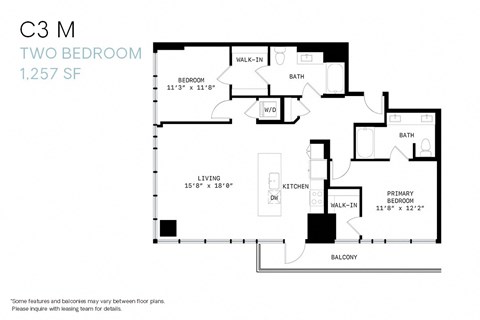 Floor plan for 2 beds, 2 baths, 1257 sqft